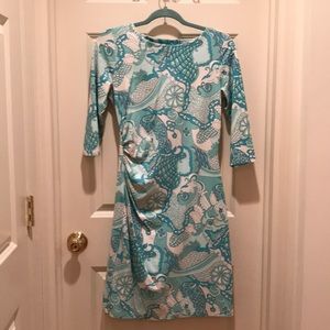J McLaughlin 3/4 sleeve Aqua/white dress, S